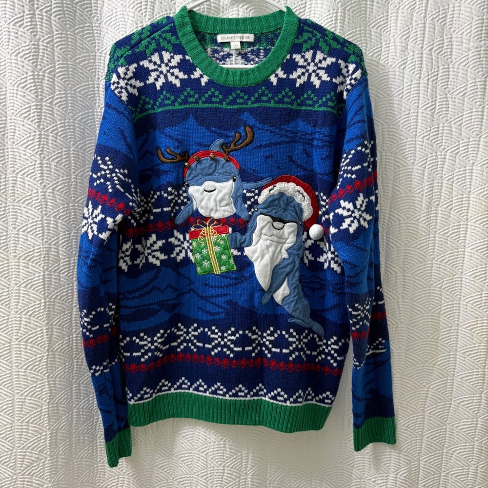 Celebrate Together Blue Shark Dolphin Ugly Christmas Sweater L‎ Holiday Festive